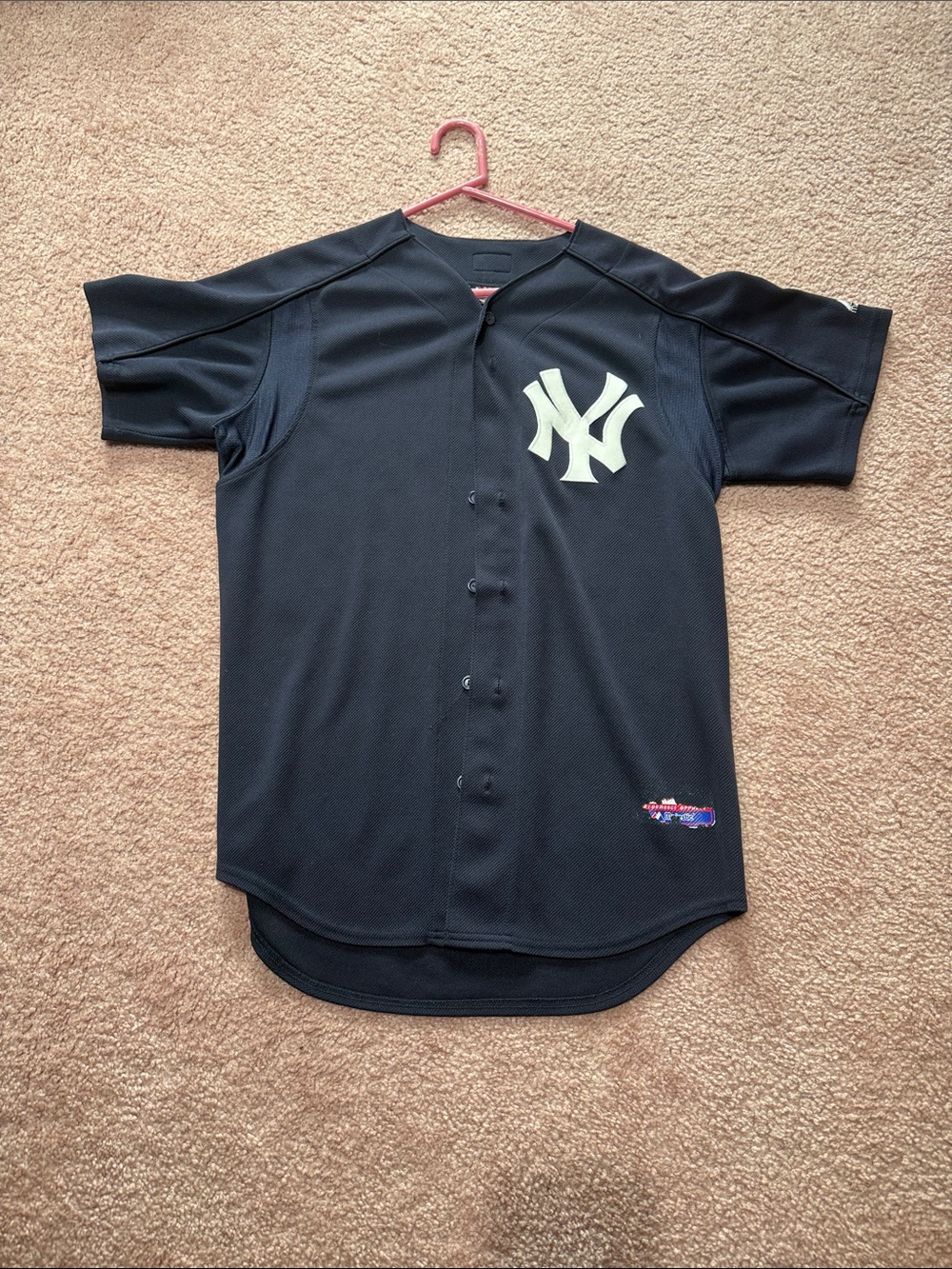 Majestic Black Athletic Button-Up Jersey with Red & Blue Logo